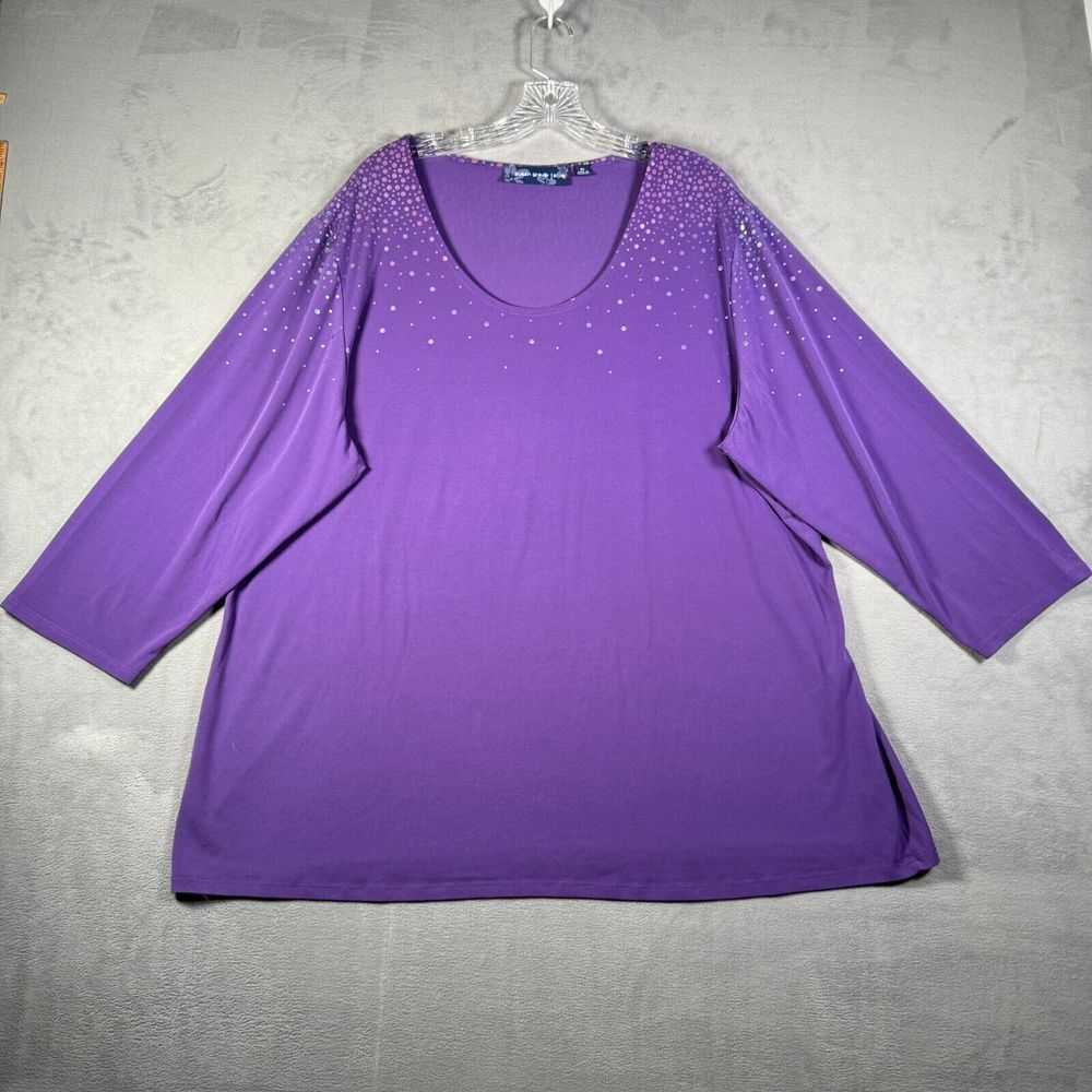 Susan Graver Womens Top‎ Plus 2X Purple Dots Liquid Knit 3/4 Sleeve Scoop Neck